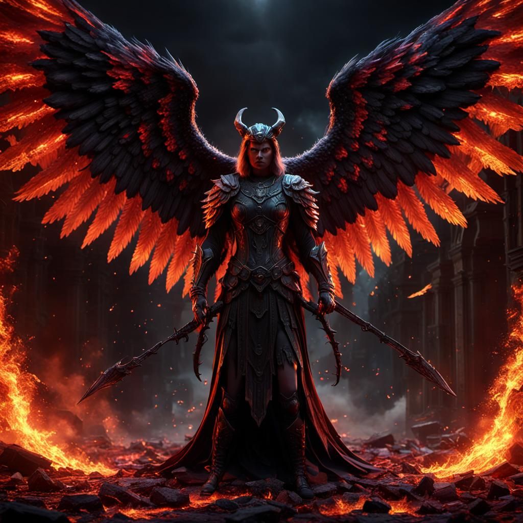 Wrathful Dark Angel with Devil Wings in Flames