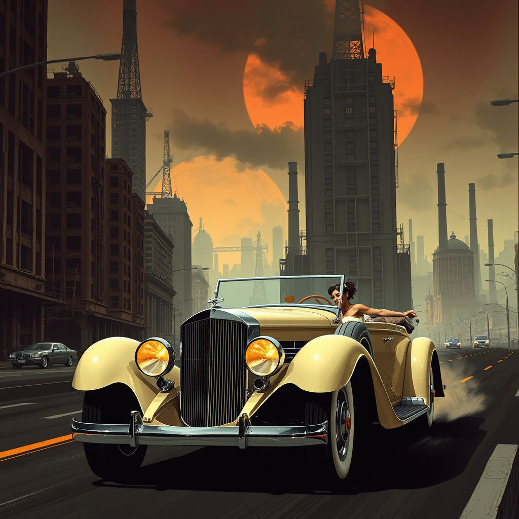 Duesenberg in Dystopian Cityscape: Retro-Futuristic Art