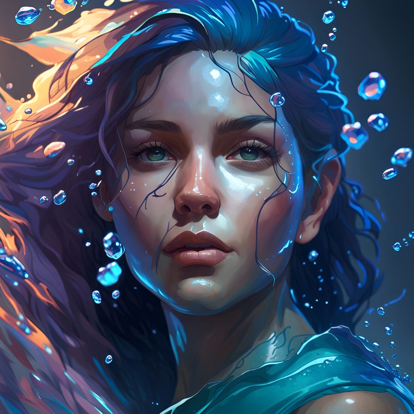 Water Girl Portrait in Hyperdetailed Splash Art Style