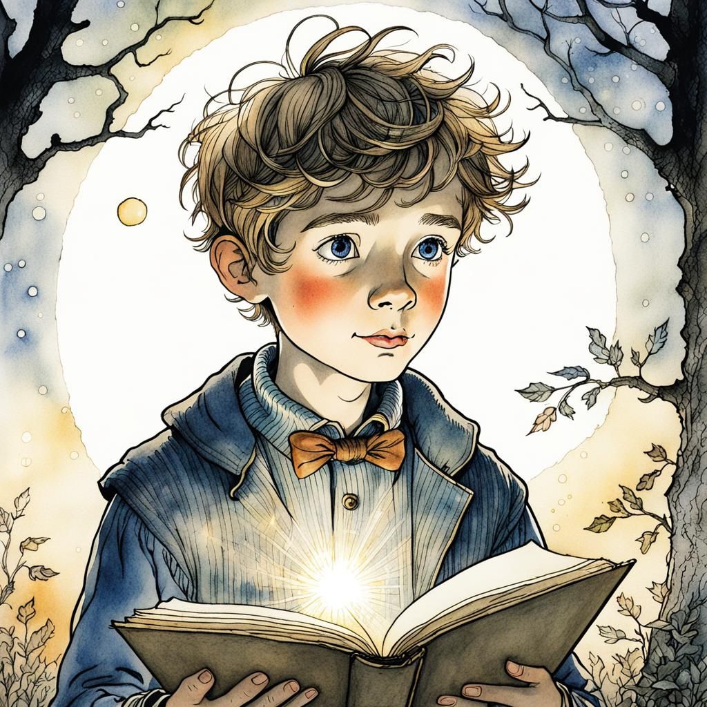 Amazed Boy Staring at Light: Fairytale Illustration