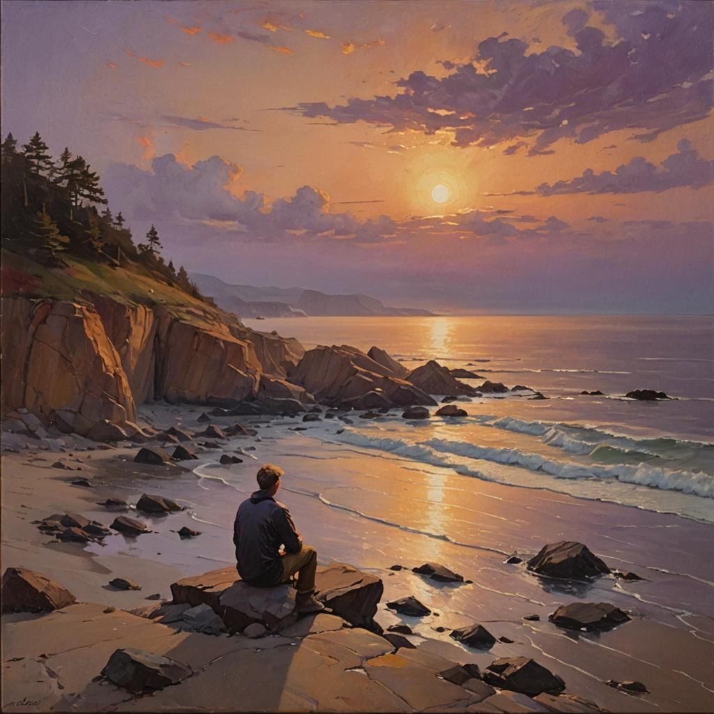 Warm Sunset on Rocky Coastline, Golden Oil Painting