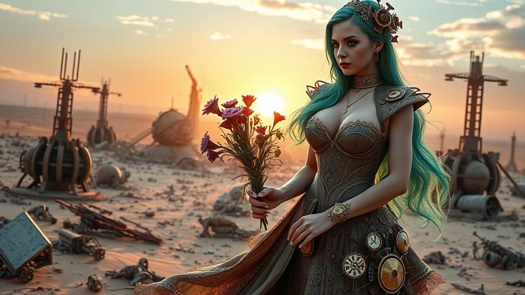 Steampunk Woman in Post-Apocalyptic Cityscape