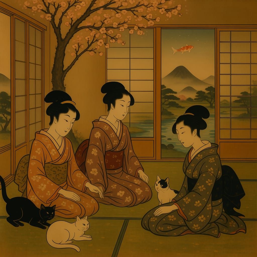 Edo Period Ukiyo-e Art: Noblewomen and Cats Under Cherry Blo...