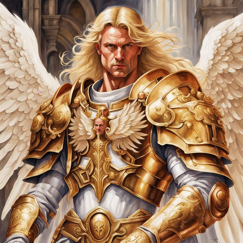 Renaissance Watercolor of Angelic Figure in Gold