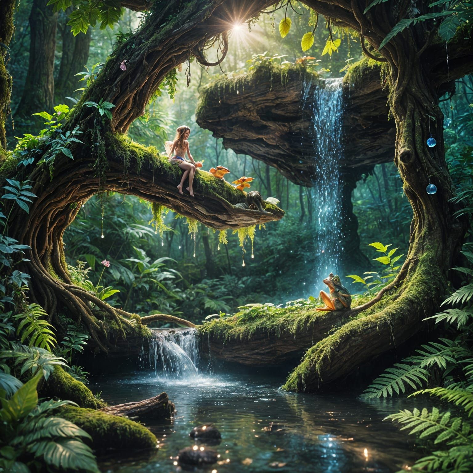 Mystical Forest with Nymph and Waterfall