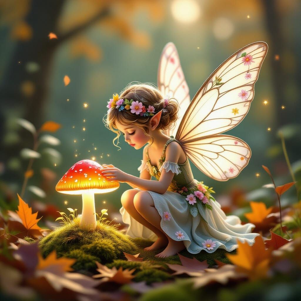 Whimsical Fairy Tending Glowing Mushroom in Autumn