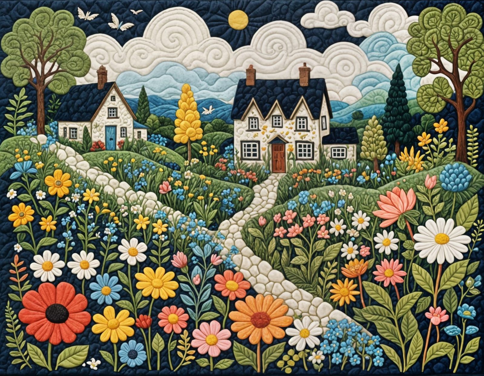 An English cottage garden in summer. Art quilt. 2.