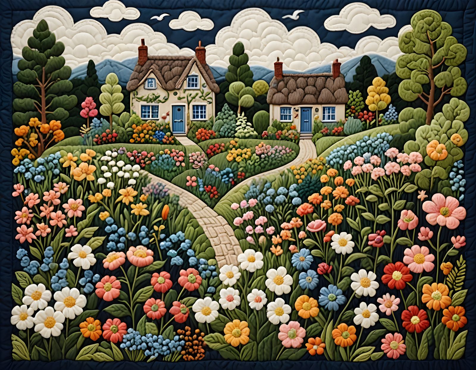 Vibrant English Summer Garden Art Quilt in Folk Art Style