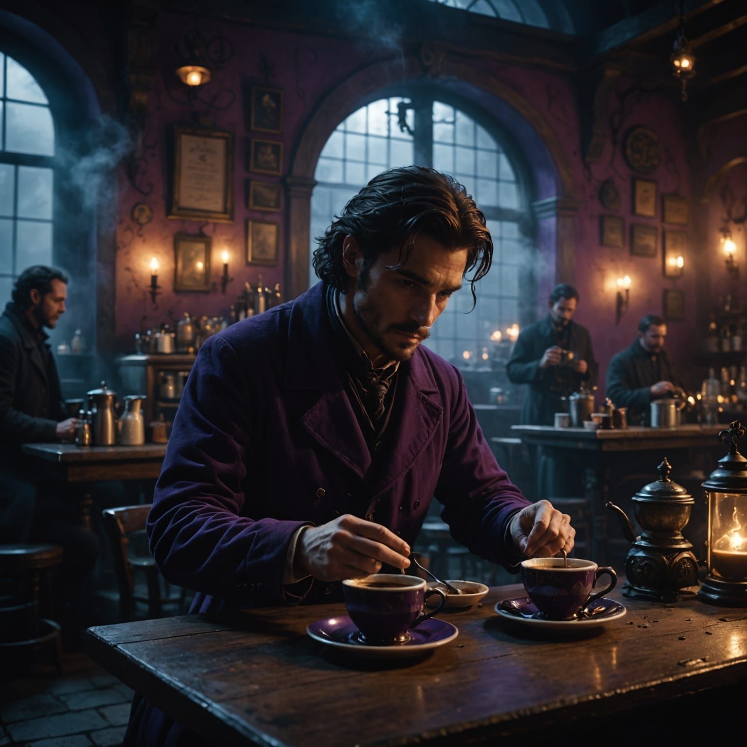 Mysterious Spectral Café in Dark Fantasy Noir Style