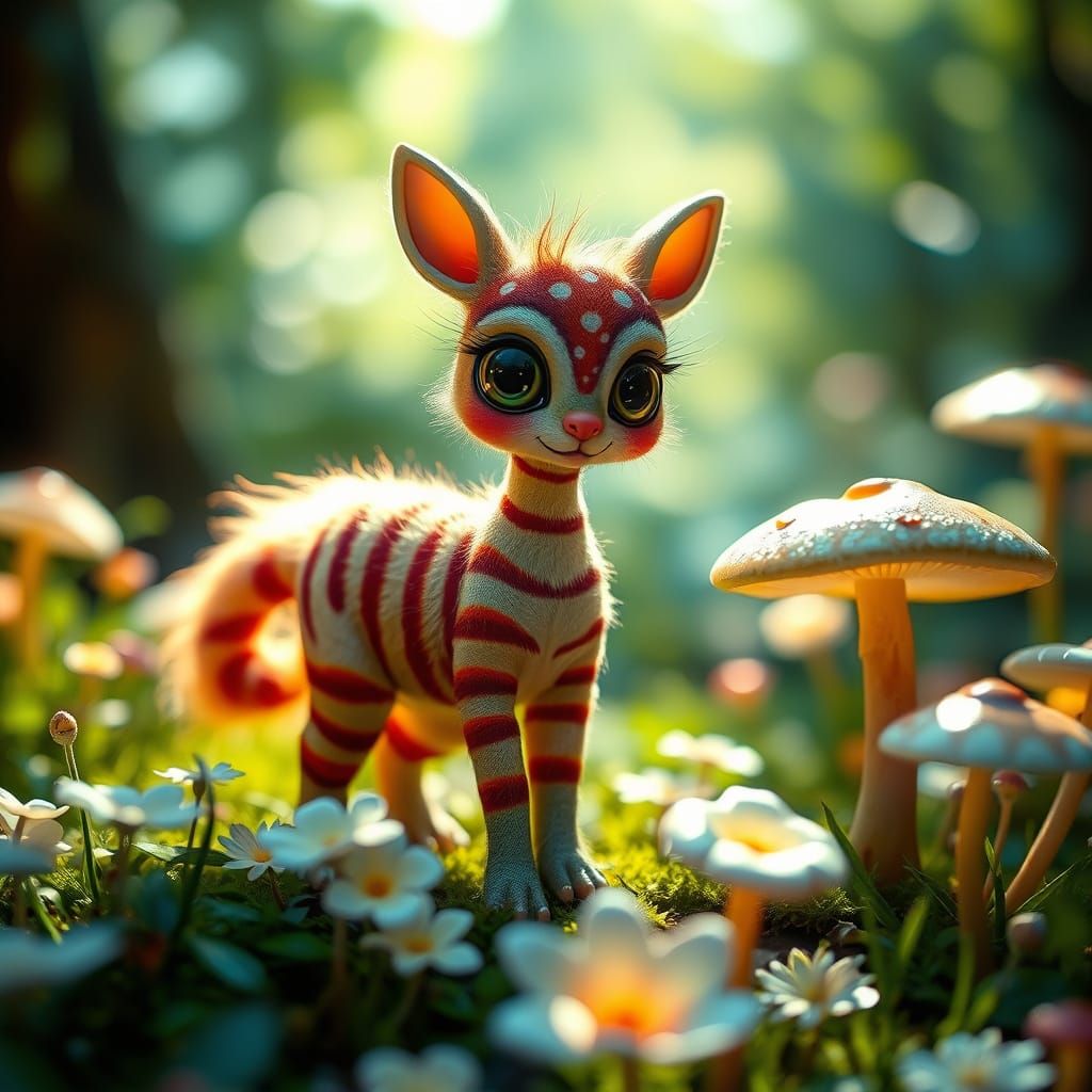 Surreal Striped Dotted Creature in Enchanted Garden