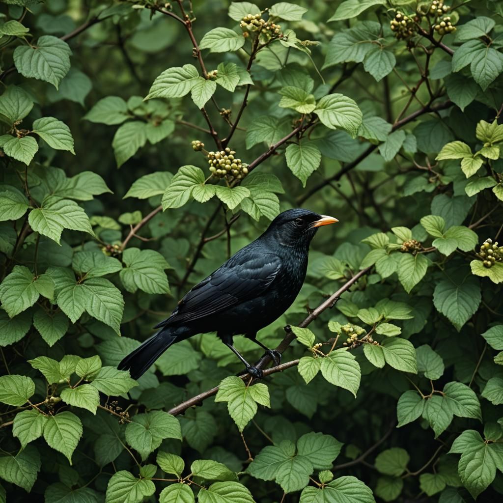 Blackbird in Blackberry Bush: Professional Photography