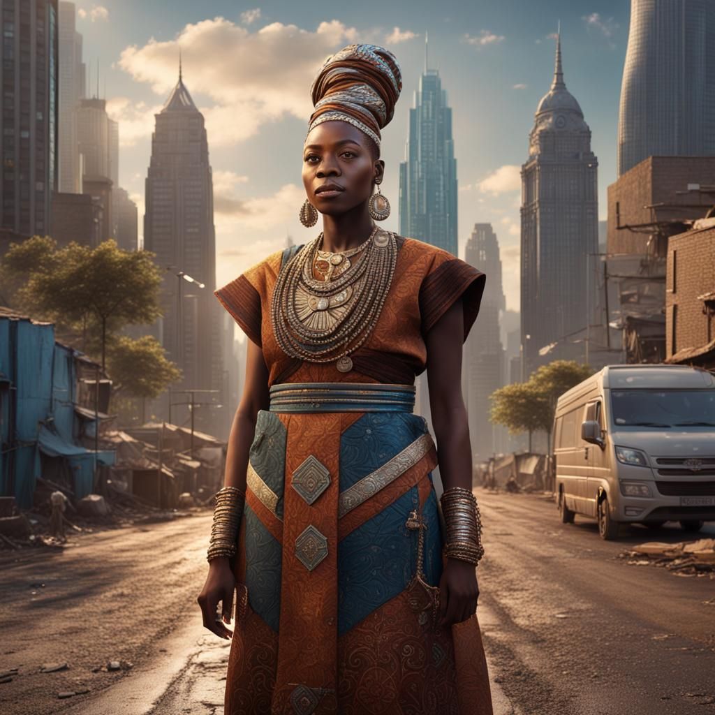 Woman in Yoruba Attire Beside Skyscraper Road