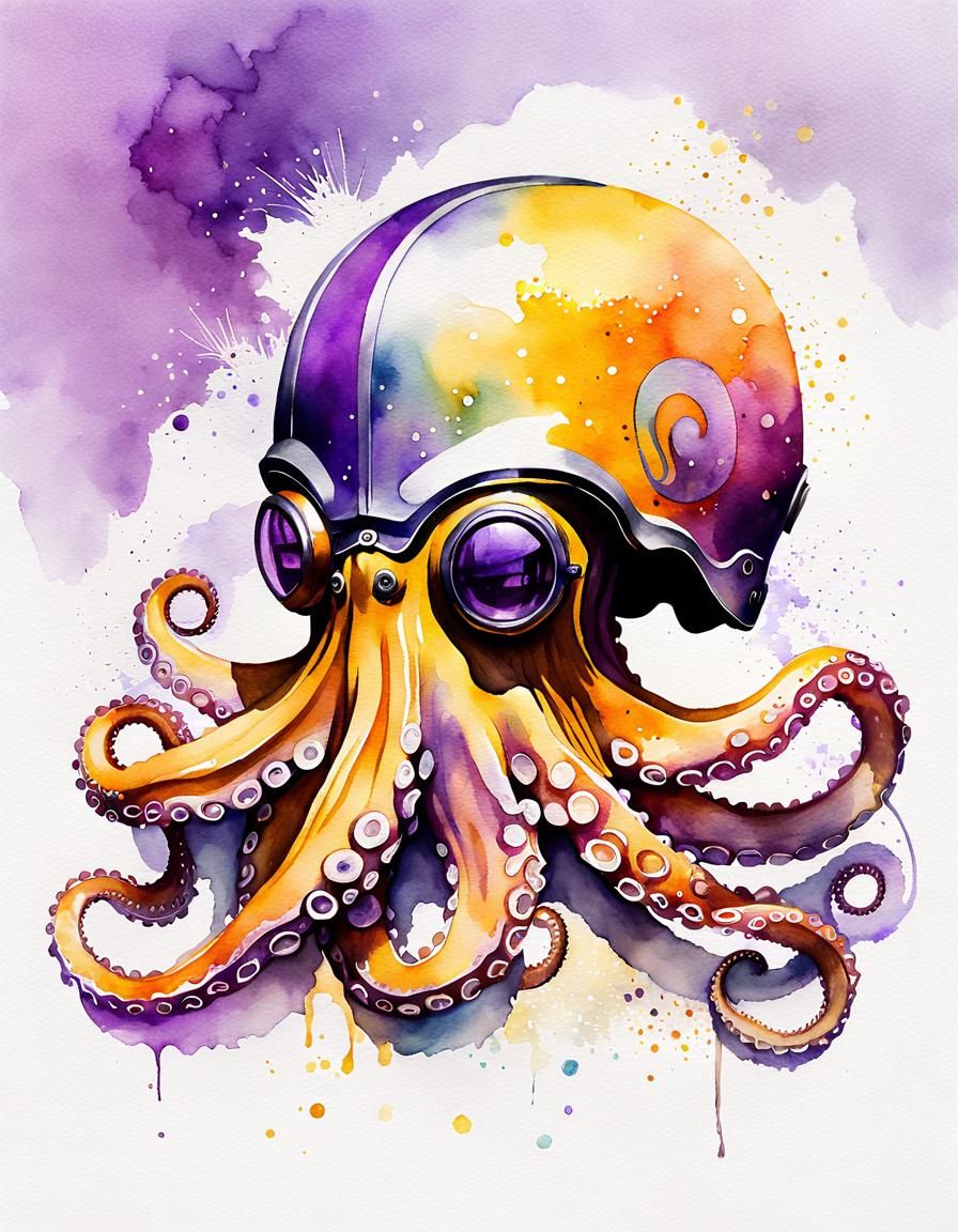 Abstract Octopus in Helmet: Watercolor Boho Sketch