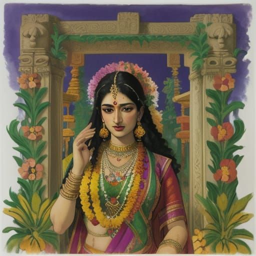 Vibrant Hindu Temple Scene with Druid and Blooming Flowers i...