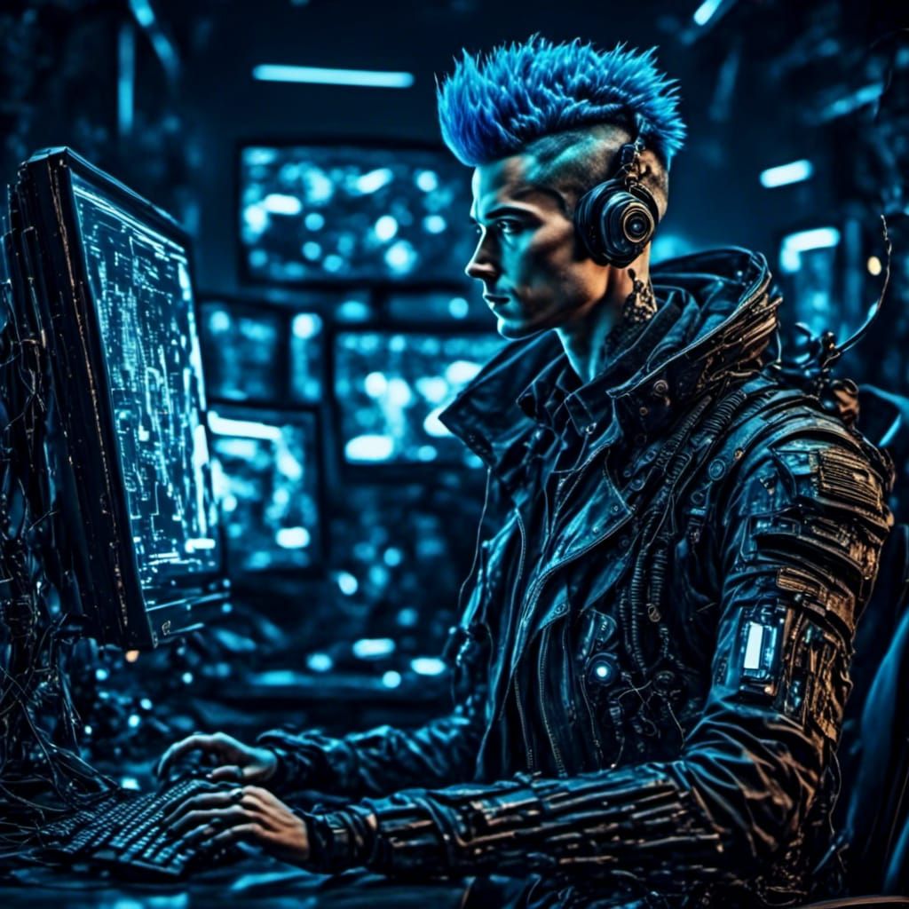 Cyberpunk Hacker with Blue Hair at Computer