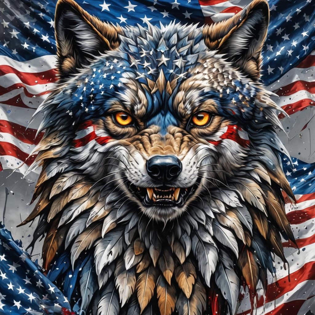 Patriotic Wolf Eagle Crystal Flag in Dark Fantasy Style