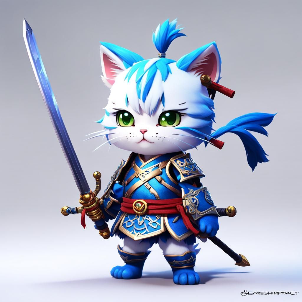Mini Samurai Cat with Swords in 3D Anime Art