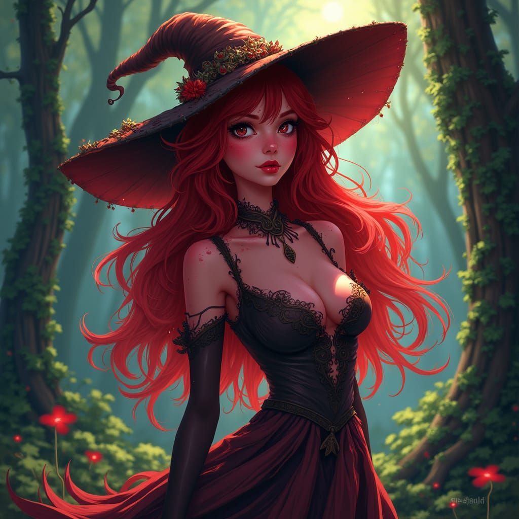 Red Marsh Witch in Mystical Forest, Manga Style