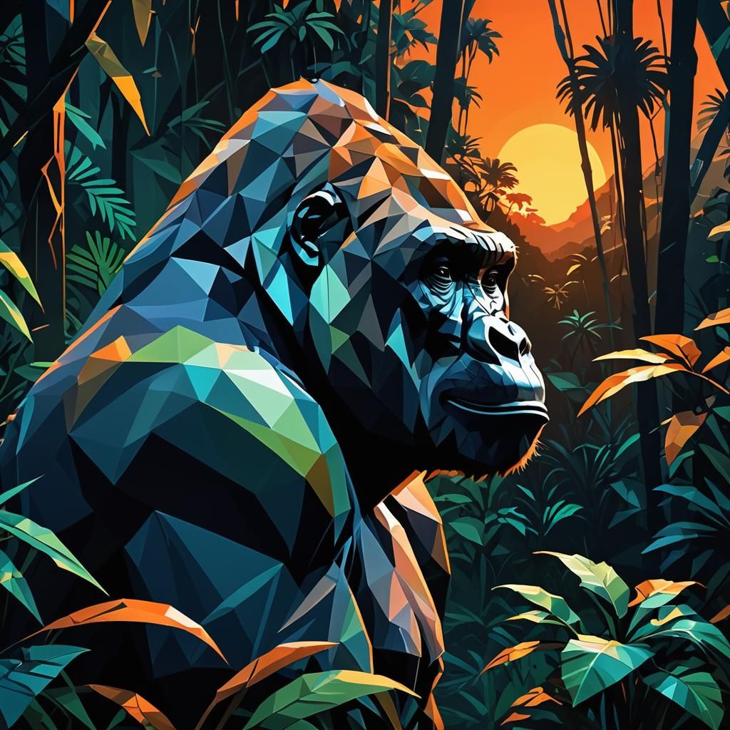 Jungle Gorilla Silhouette in Low-Poly Style