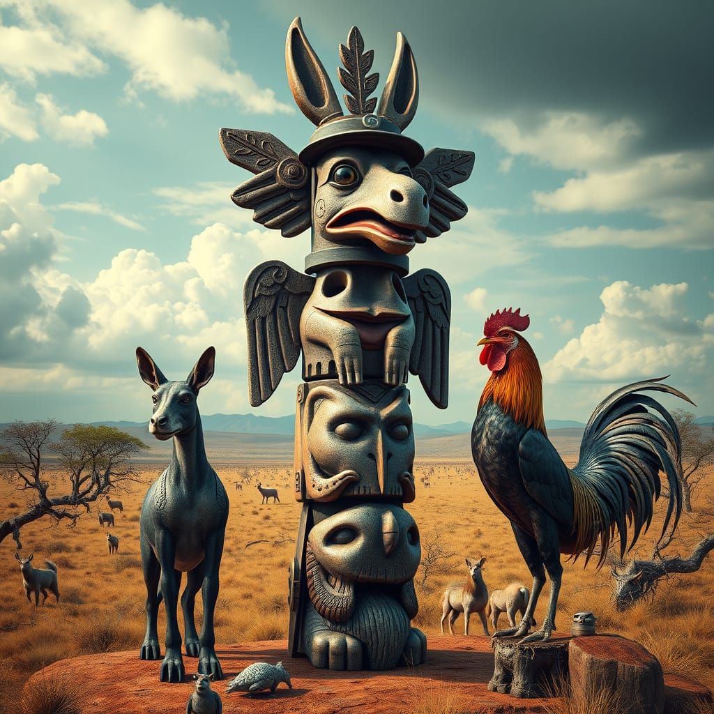 Surreal Totem Pole with Bremen Musicians in Giger Style