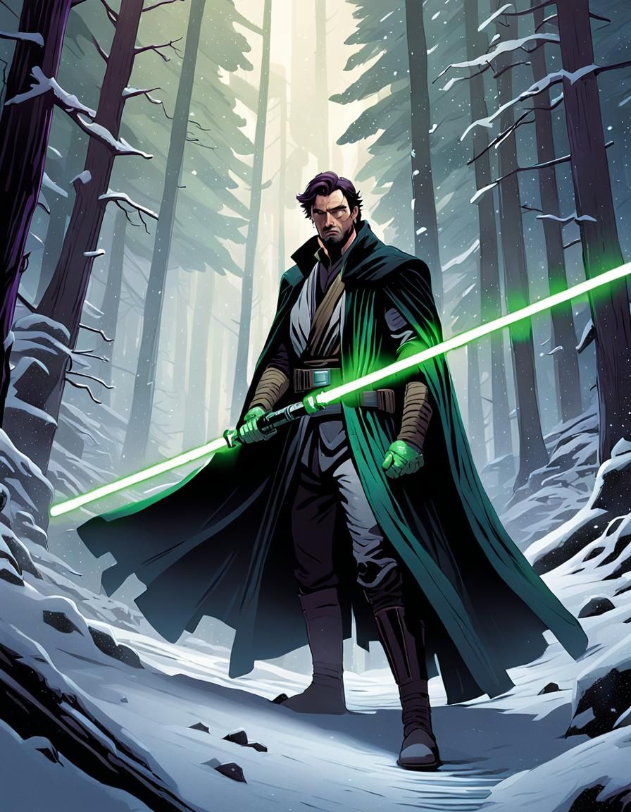 Smuggler with Lightsaber in Snowy Forest, Comic Book Art