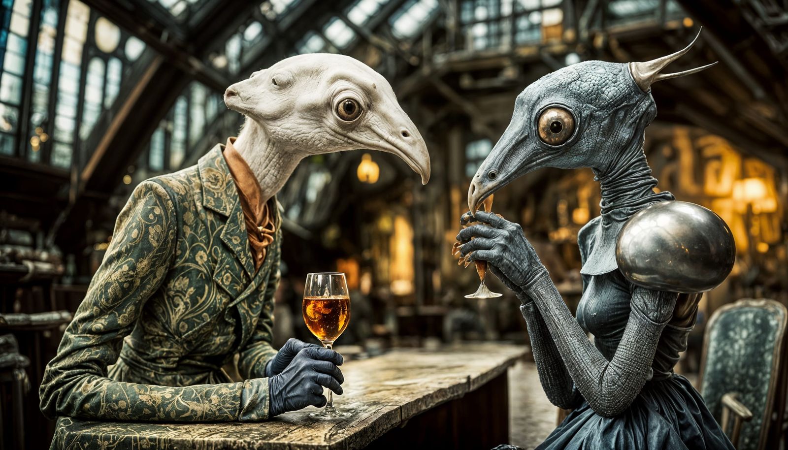 Surreal Restaurant Scene with Beautiful Exotic Aliens