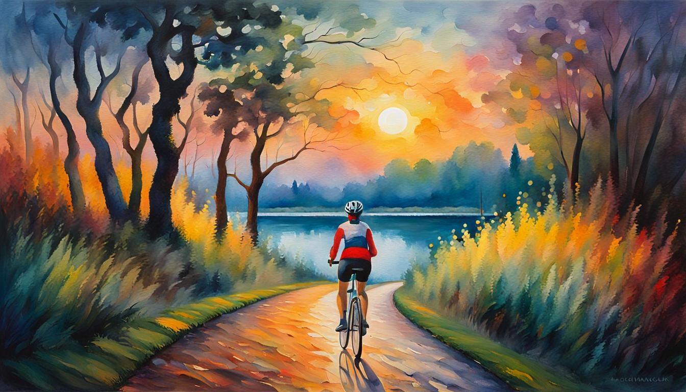 Woman Cyclist at Twilight: Neo-Impressionist Oil Painting