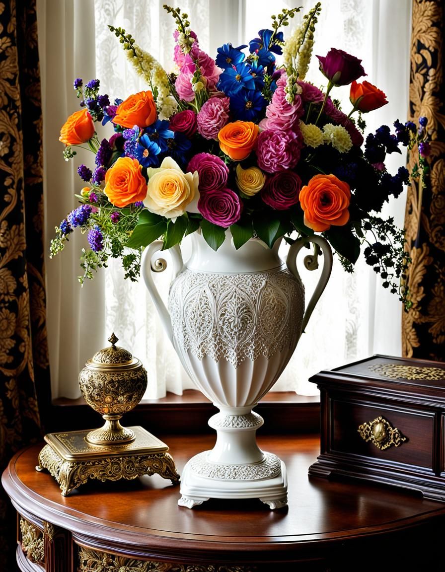 Gothic Vase with Multicolored Bouquet in Fantasy Style
