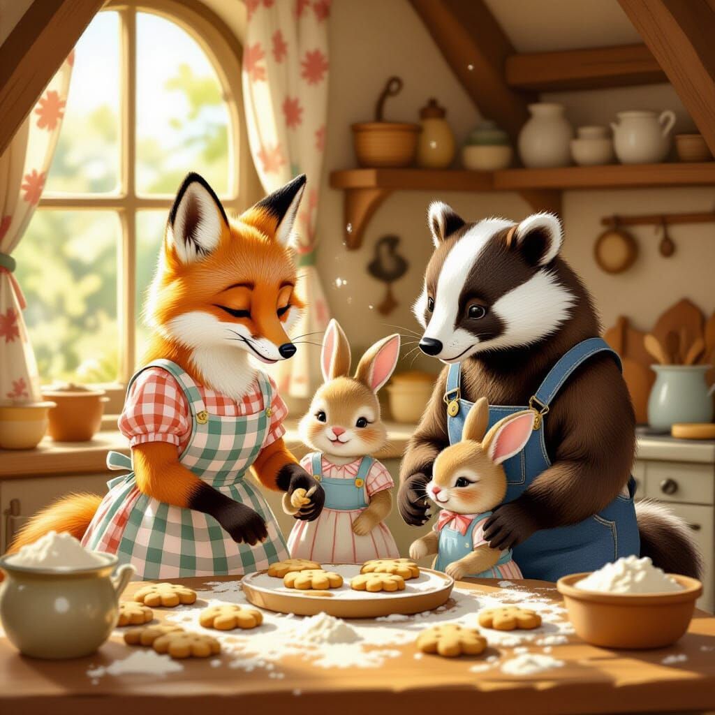 Woodland Creature Family Baking Cookies in Cottage