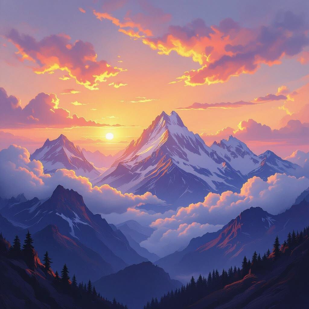 Majestic Mountain Sunrise in Oil Painting Style