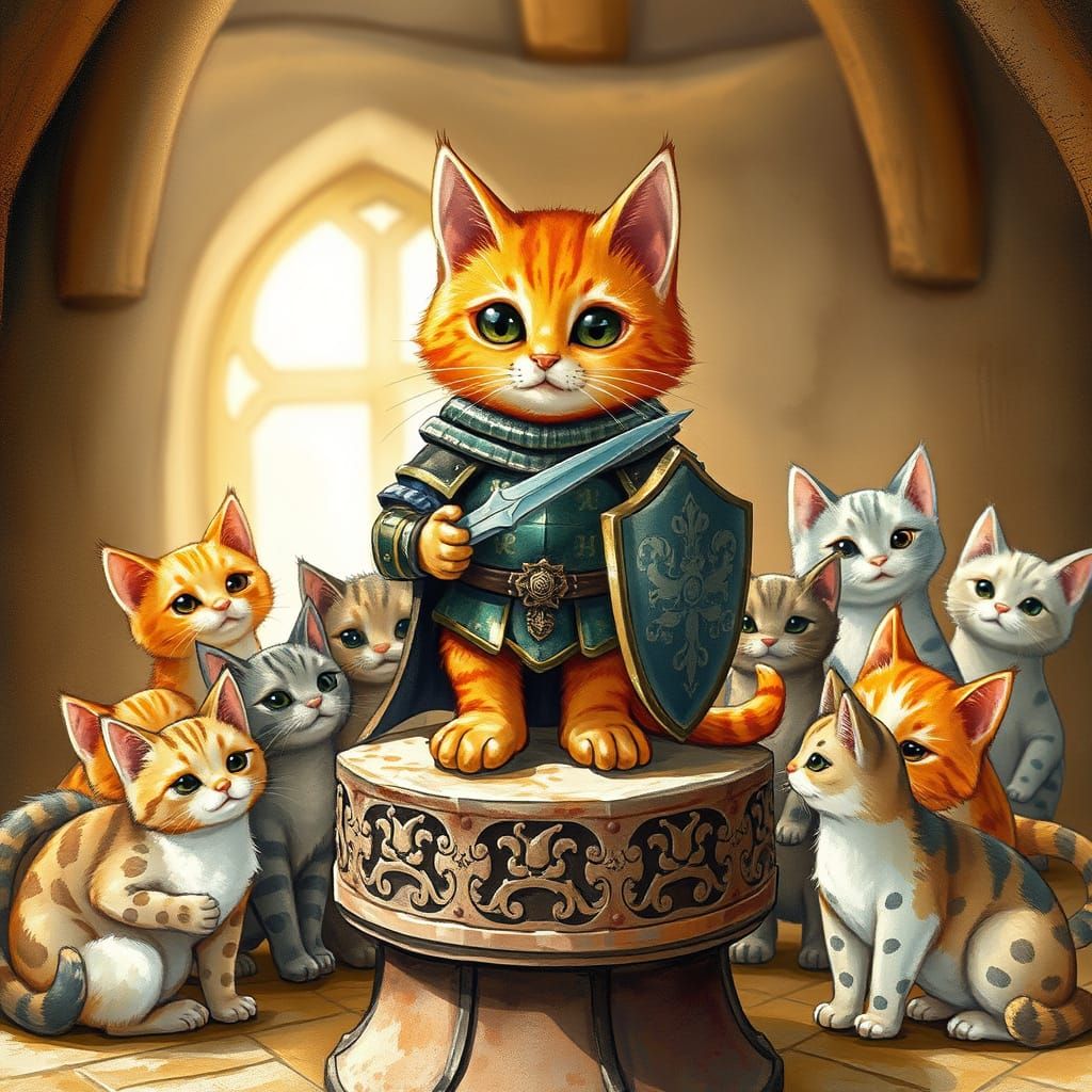 Adorable Feline Knight in Whimsical Medieval Setting