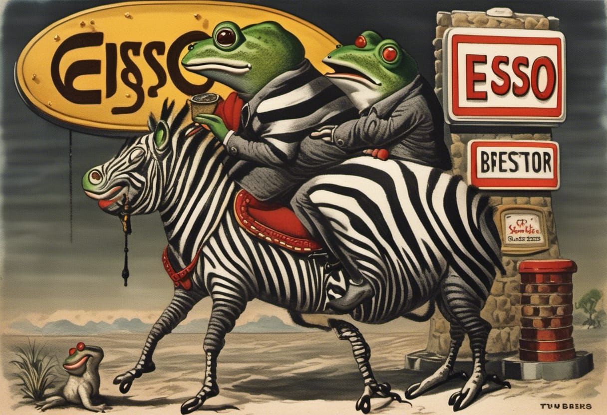 Frog Rides Zebra: Vintage Illustration at Esso Station