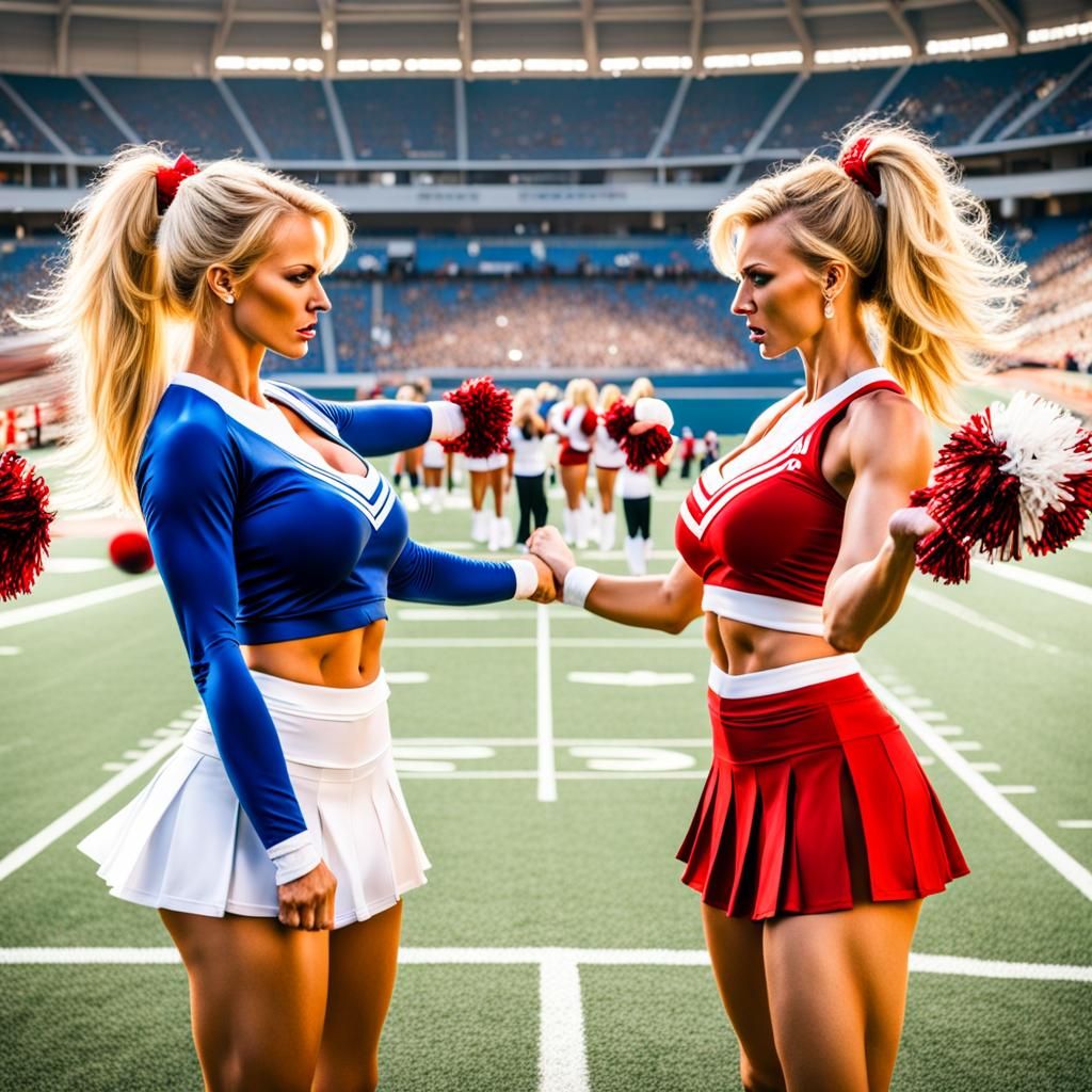 Blonde Cheerleaders Staredown at Football Stadium