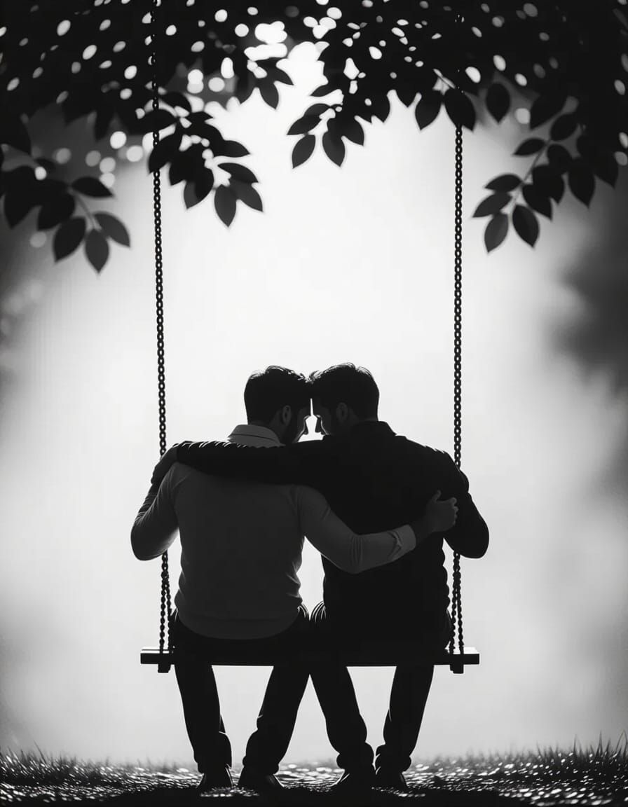 Intimate Embrace on Swing in Black and White Photography