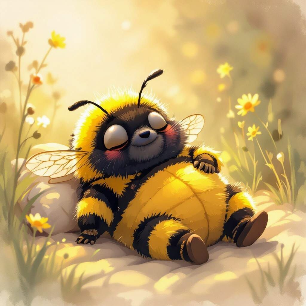 Sleepy Bumblebee Lounging in Sunbeam: Watercolor Art