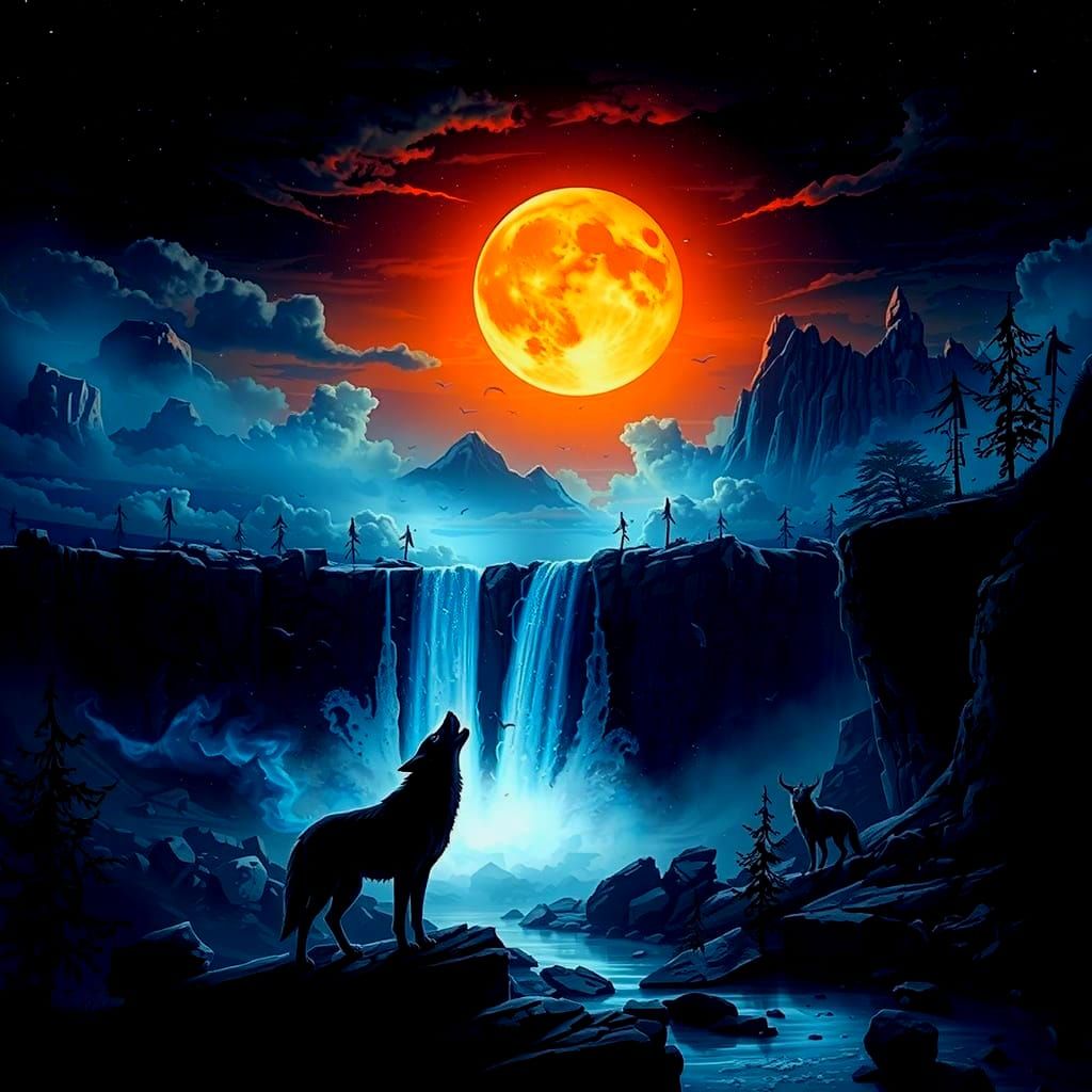 Lone Wolf Howling at Fractured Moon Over Waterfall