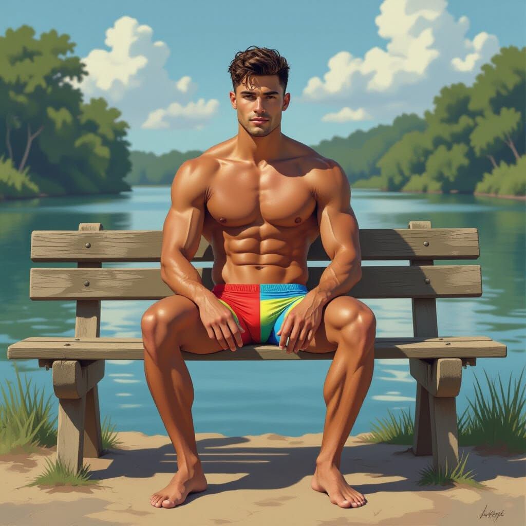 Brazilian Man on River Bench, Concept Art Style