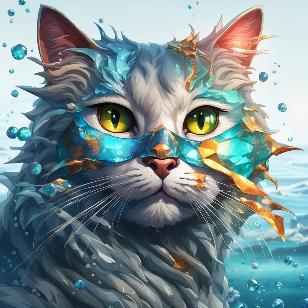 Glass Cat Portrait in Ocean, Hyperdetailed Digital Art