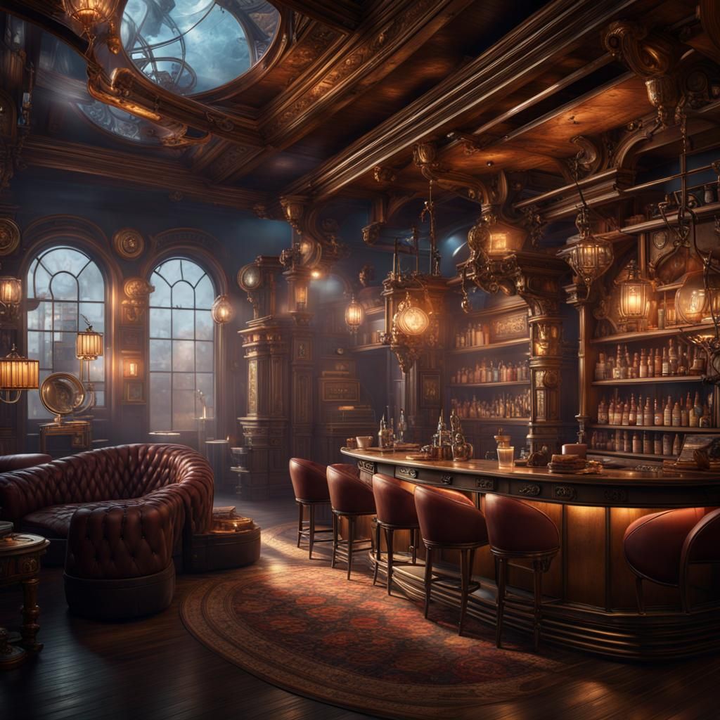 Steampunk Cigar Lounge in Detailed Matte Painting