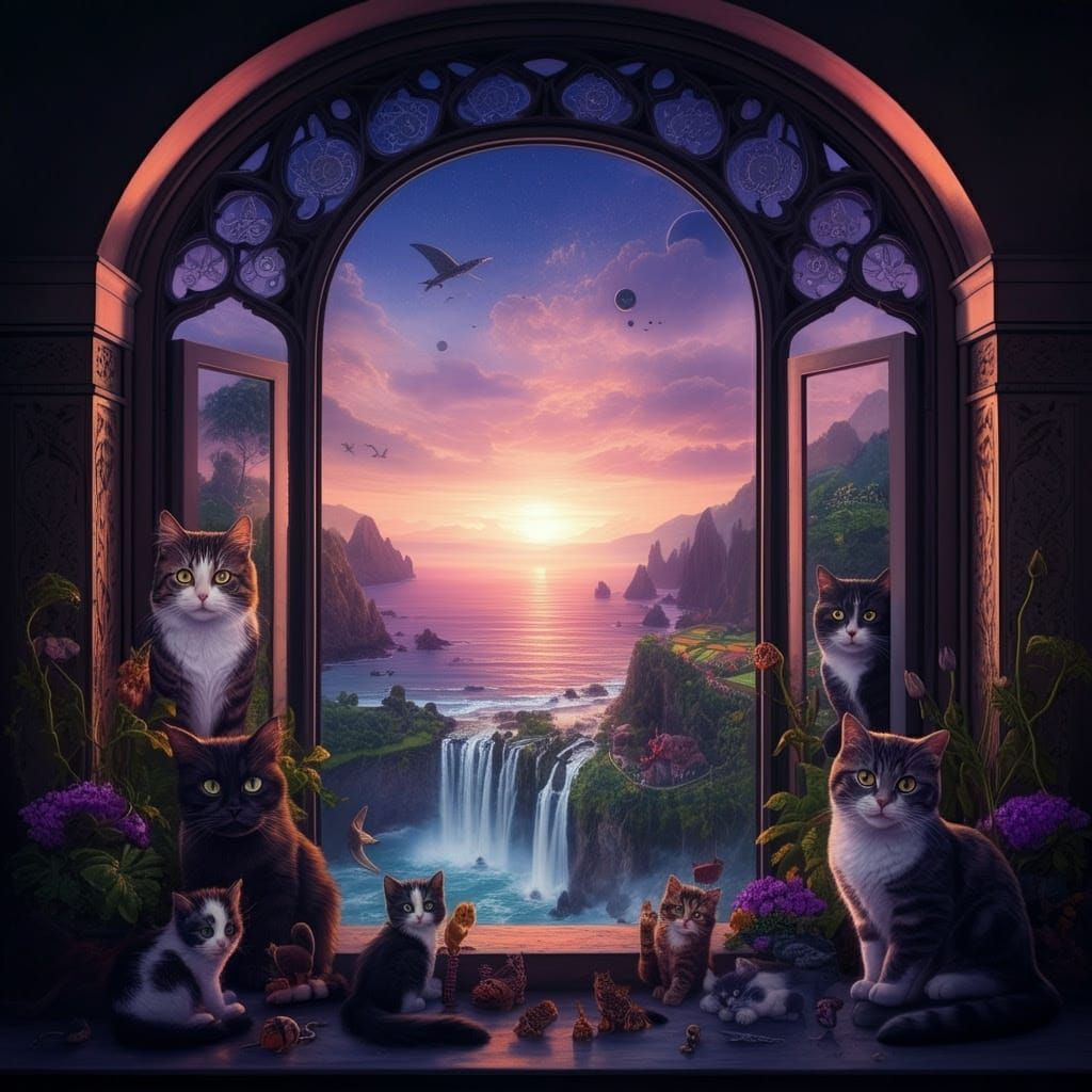 Ethereal Cat Paradise Through an Ornate Glass Window