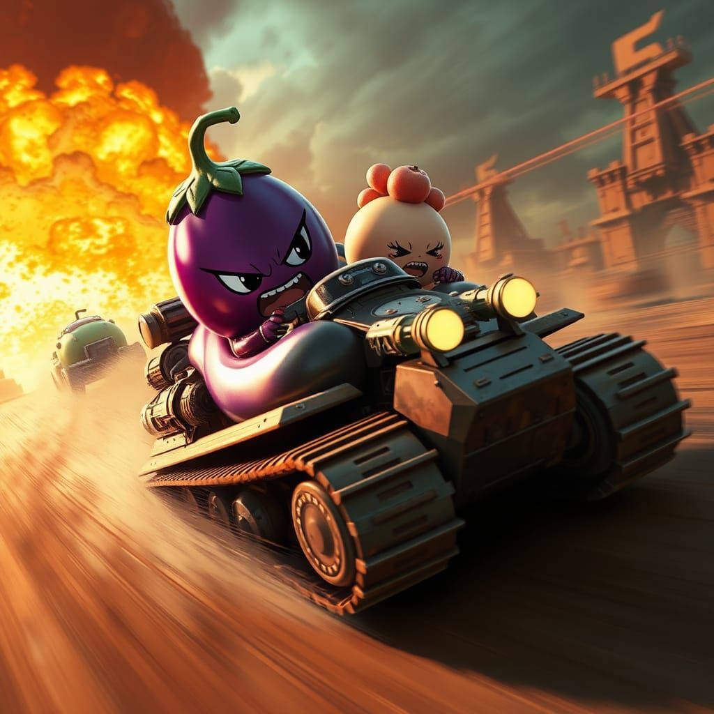 Chibi Eggplant and Peach Race in Mad Max Style