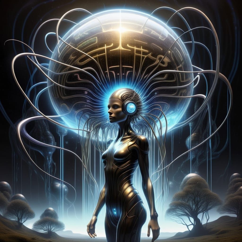 Android Mecha Fairy in a 4D Tesseract of Liquid Silver