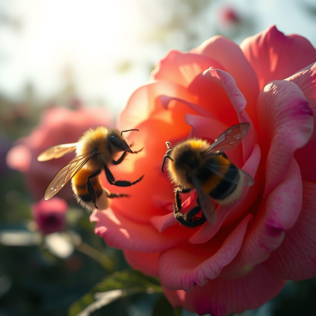 Bumblebees Hover Near Rose in Dramatic Sunlight