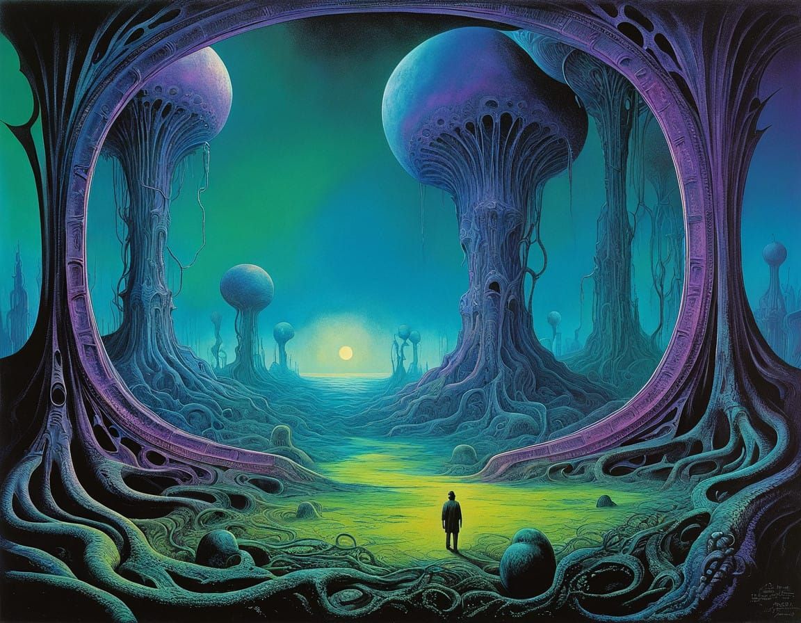 Surrealist Cosmic Explorer in Iridescent Exoplanet Landscape