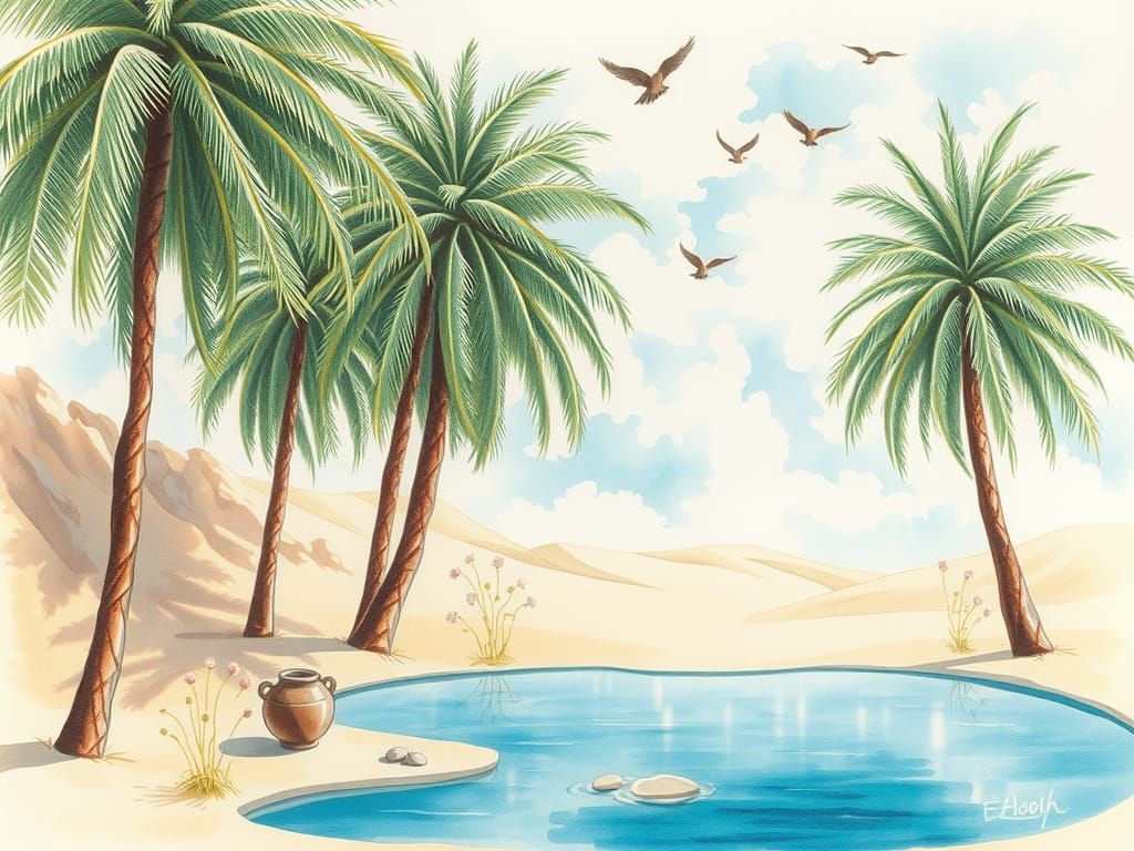 Desert Oasis in Oriental Landscape Painting Style