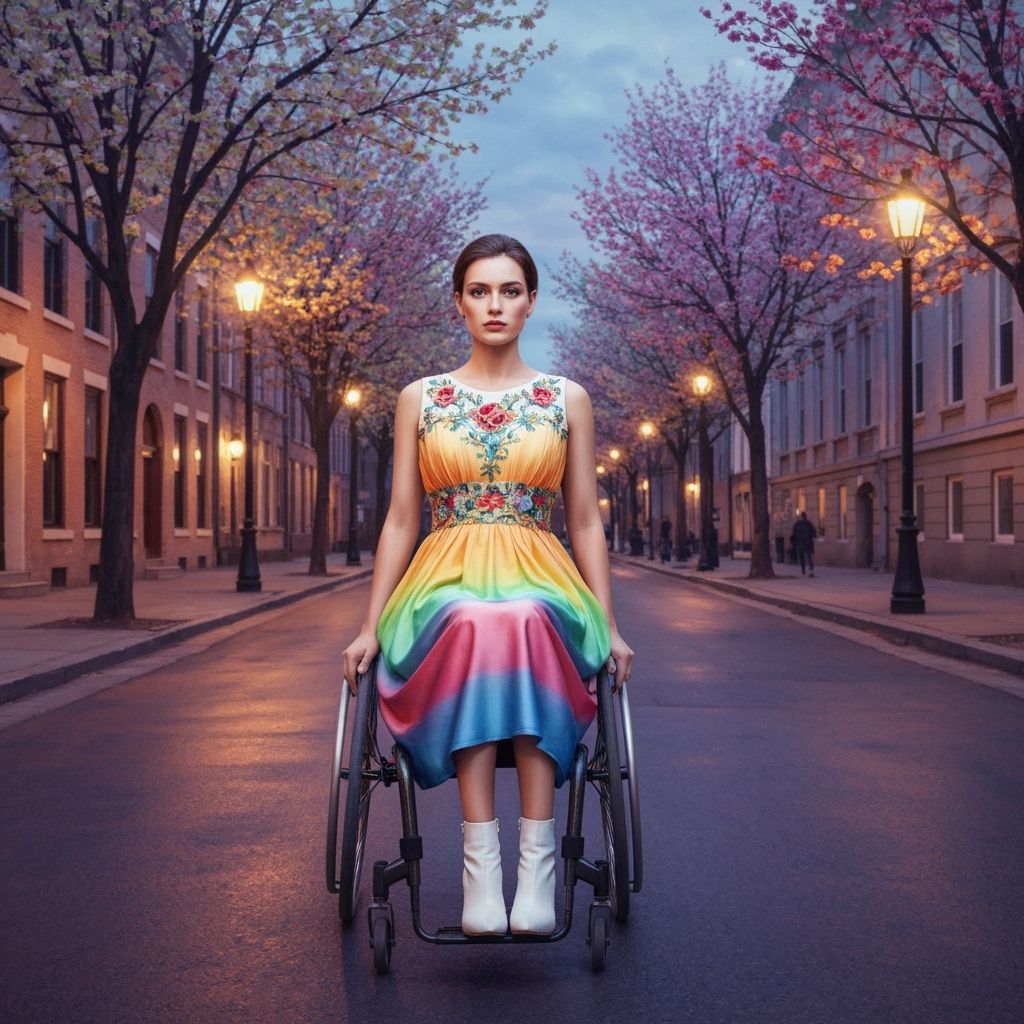 Elegant Woman in Rainbow Dress Rolls Down City Street