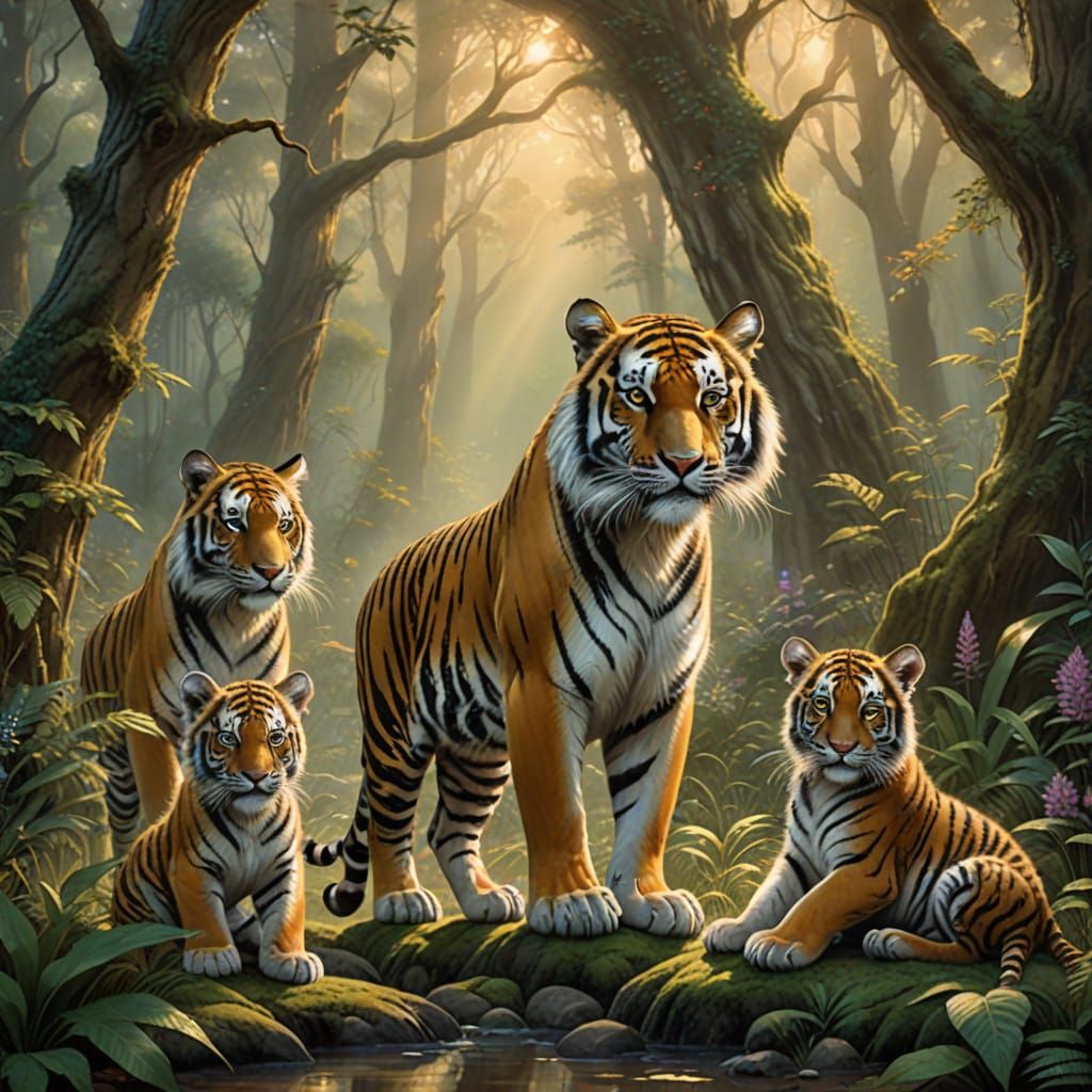 Majestic Bengal Tiger Family in Whimsical Forest