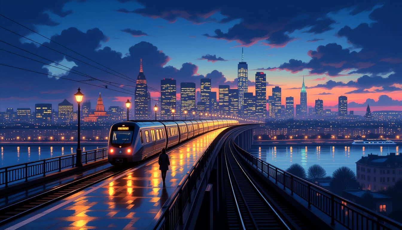 Metro Train at Night in Photorealistic Oil Painting Style