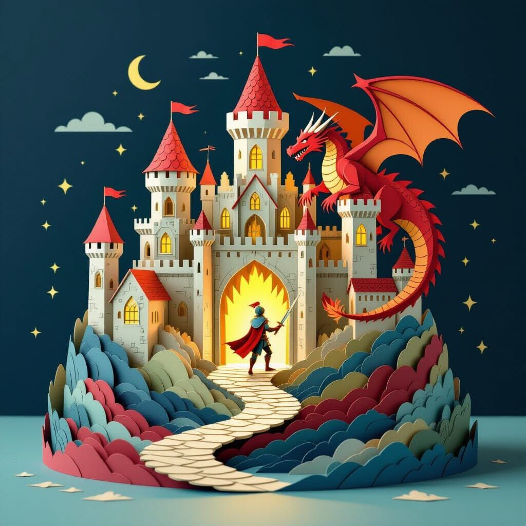 Knight Faces Dragon in Pop-Up Book Fantasy Scene