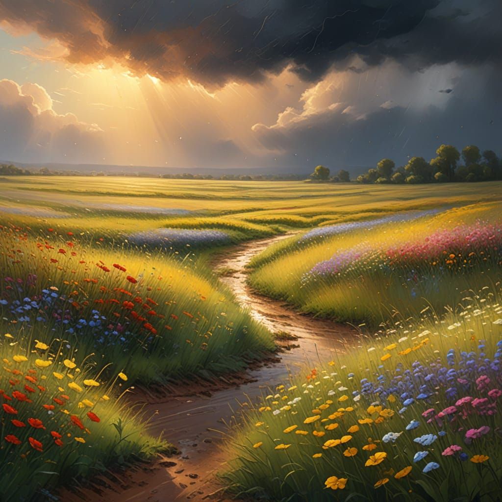 Impressionist Wildflowers in Summer Rain, Oil Painting